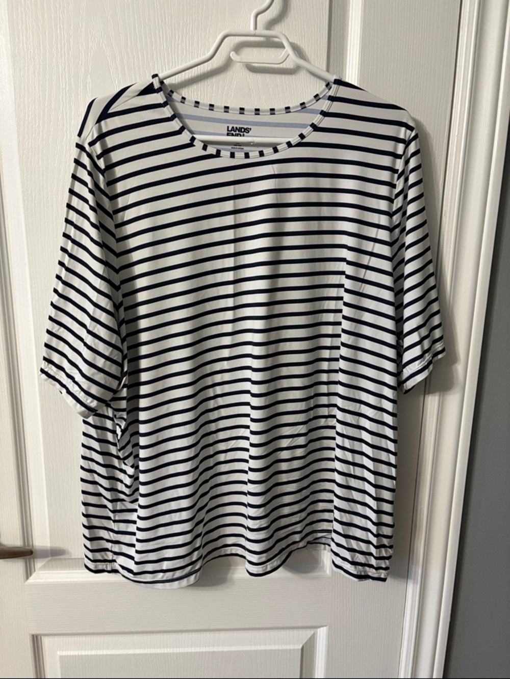 Lands' End White and Navy Striped Short Sleeve Scoop Neck Tee